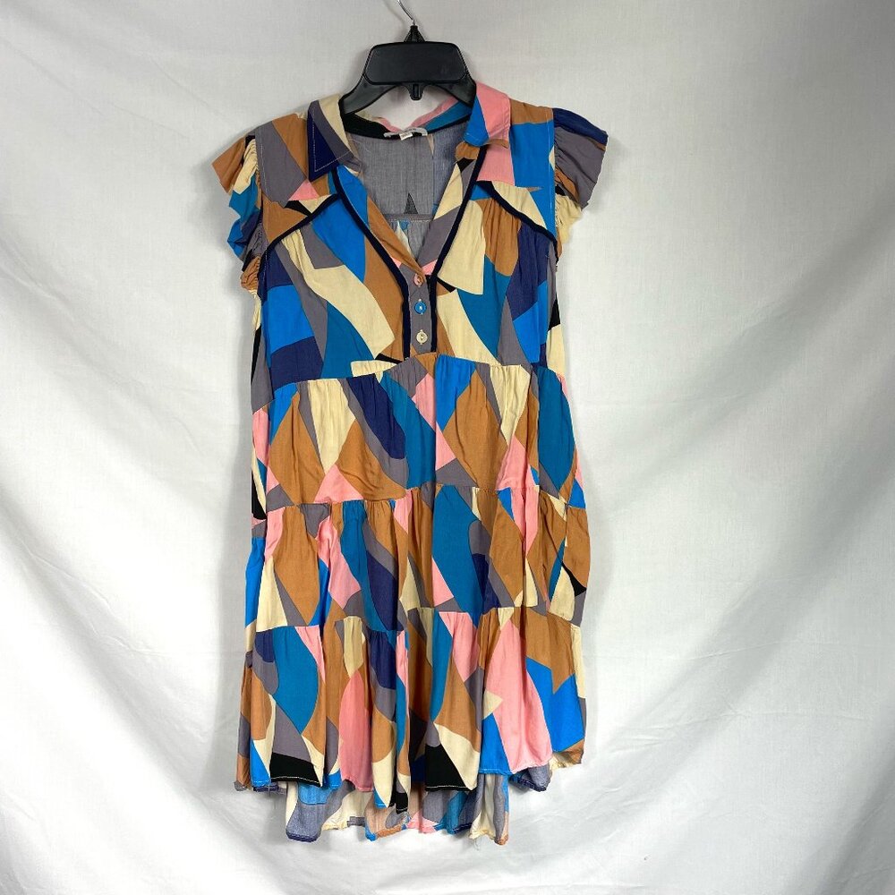 Umgee Women's Summer V-Neck Geometric Colorful Flowy Collared Sundress Size S